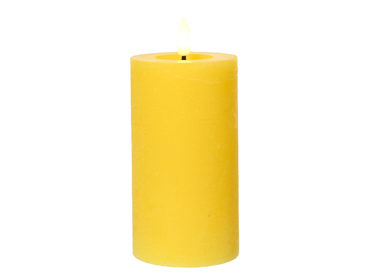 Candela gialla in cera con luce led bianco caldo diametro 7cm x altezza 15cm da interno con funzionamento a batteria 2xaaa ministilo