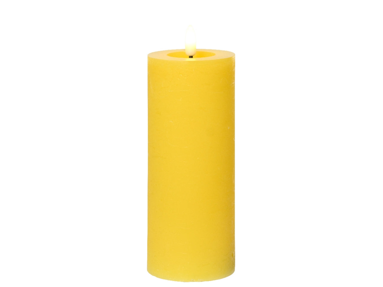 Candela gialla in cera con luce led bianco caldo diametro 7cm x altezza 19cm da interno con funzionamento a batteria 2xaaa ministilo