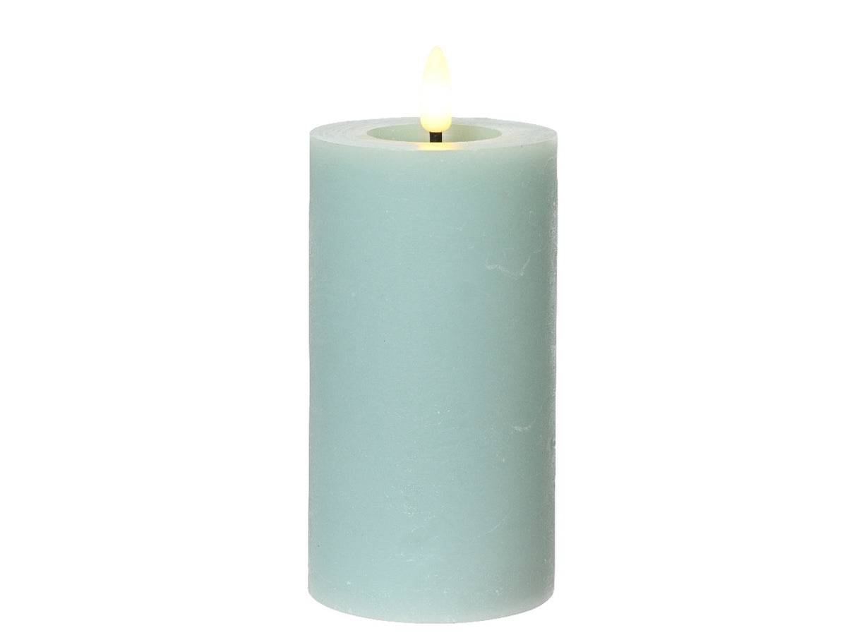 Candela celeste in cera con luce led bianco caldo diametro 7cm x altezza 15cm da interno con funzionamento a batteria 2xaaa ministilo