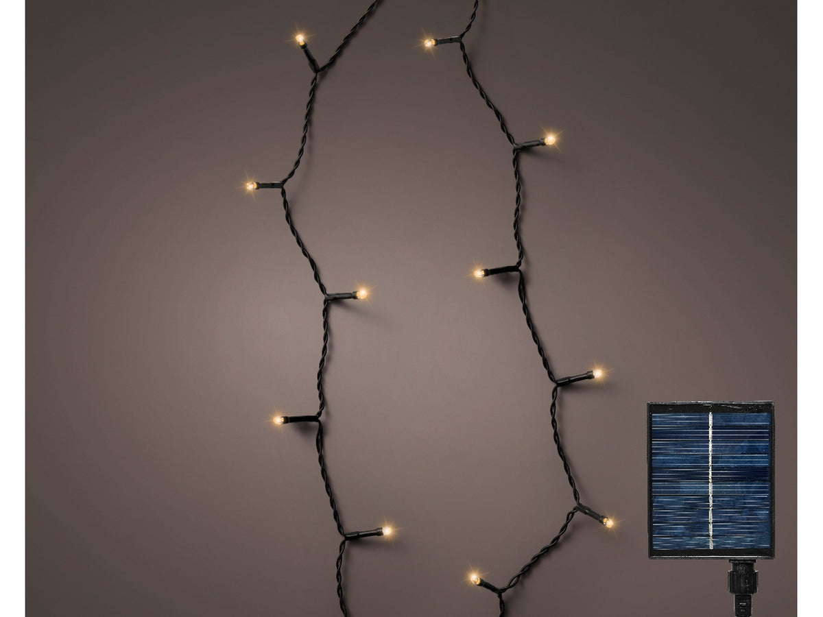 Catena luminosa solare da 240 led in pvc con 8 funzioni di effetto scintillio con cavo nero e led da 3mm colore bianco caldo