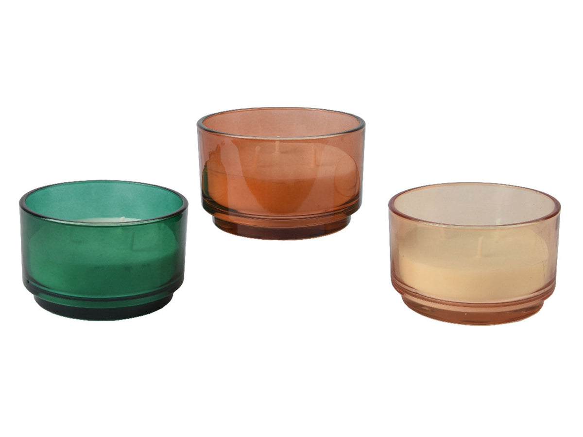 Candela alla citronella in vasetto circolare di vetro trasparente in 3 colori assortiti per esterno diametro 13cm x 8cm