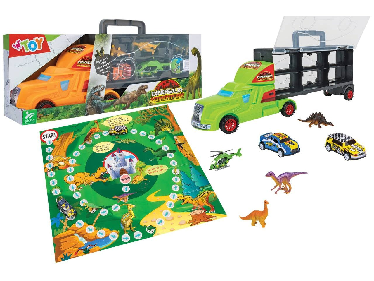 W toy camion conveicoli e dinosauri 6 pezzi con mappa