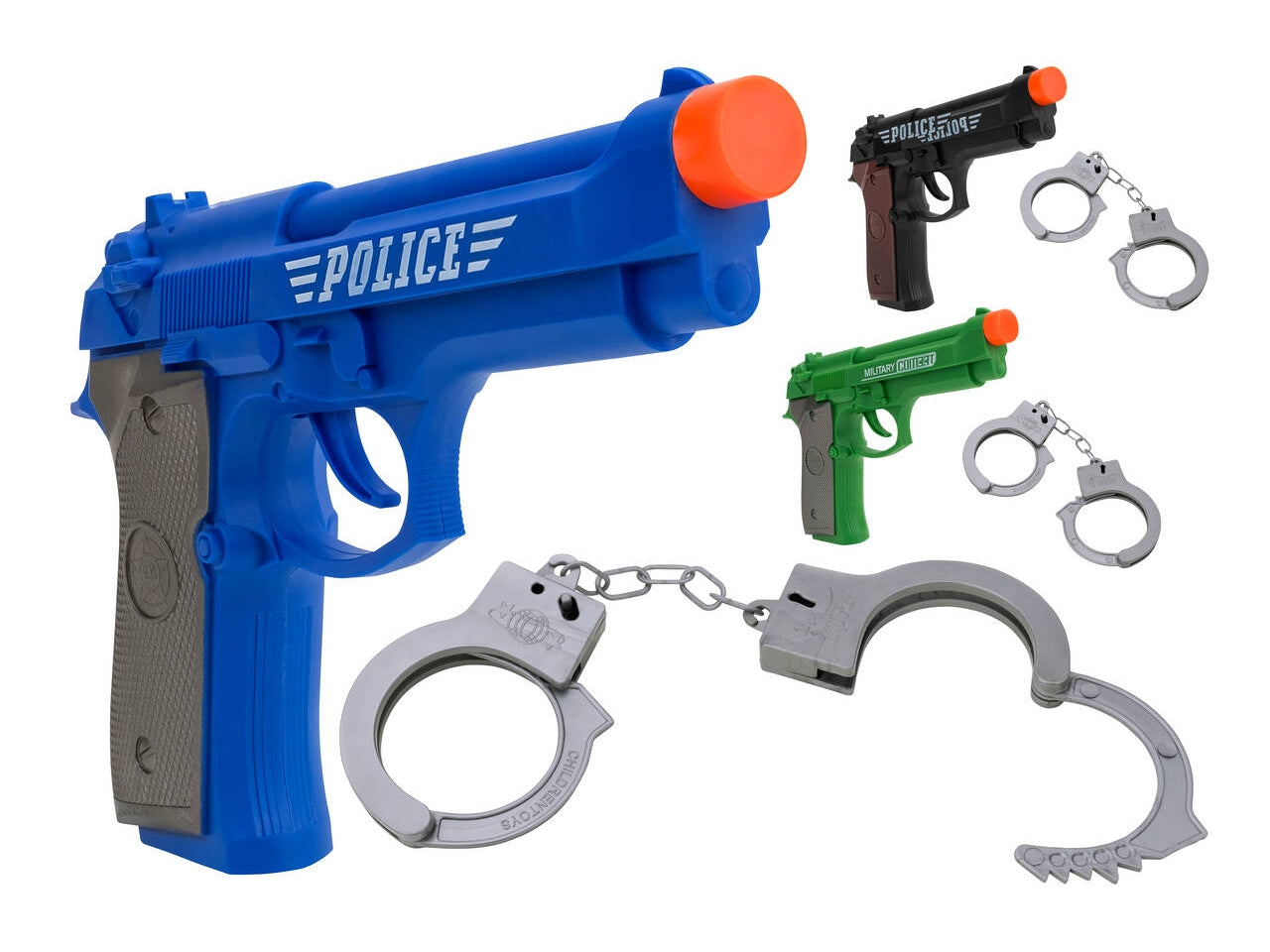 W toy pistola a batteria con suoni e manette in 3 colorazioni