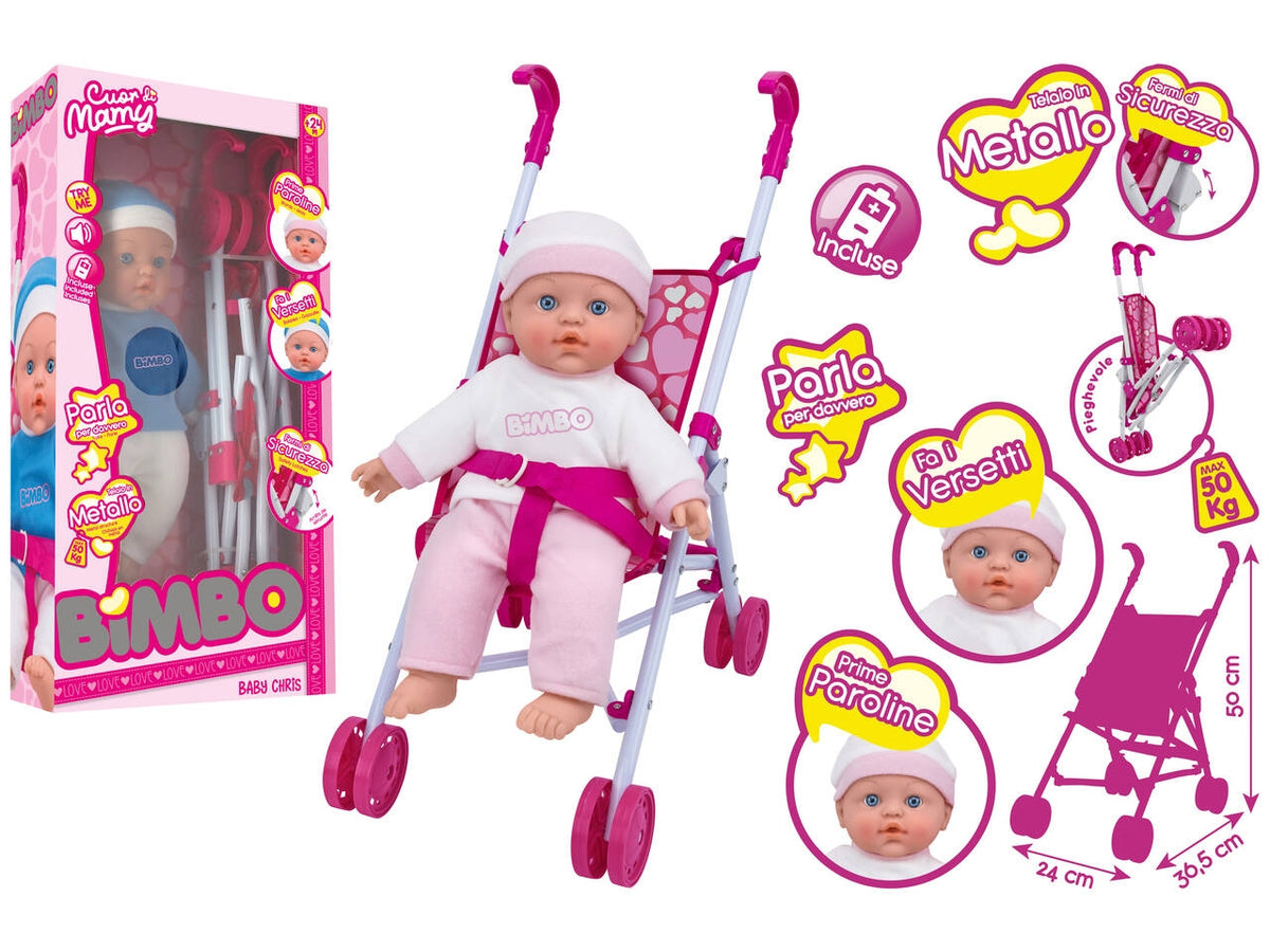 Bimbo bambola 41cm a batteria 6 frasi con passeggino42481