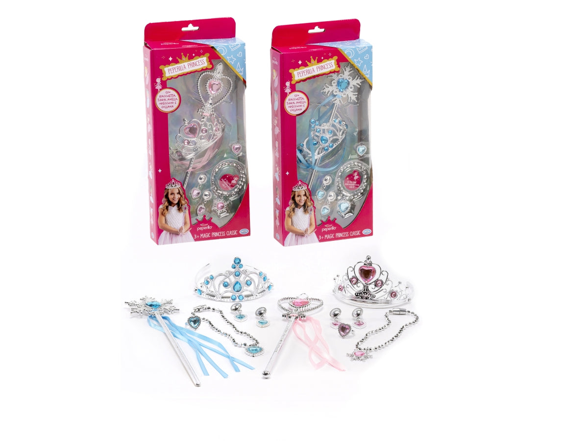 Peperilla princess - classic set principessa con tiara, bacchetta, collana, orecchini e anello