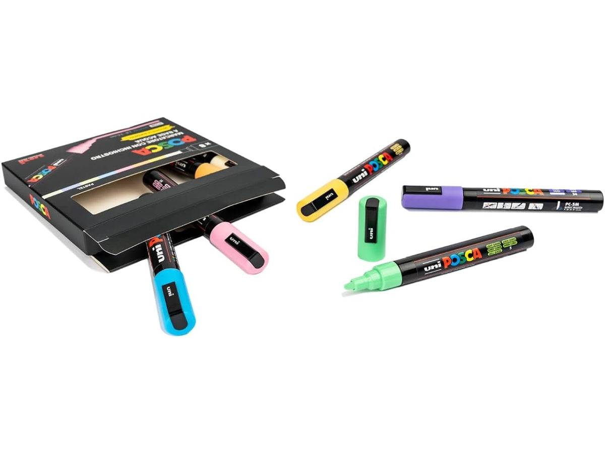 Posca pennarelli set da 8 marcatori assortiti pastello punta media tratto 1,8/2,5 mm, inchiostro a base d'acqua per tutte le superfici