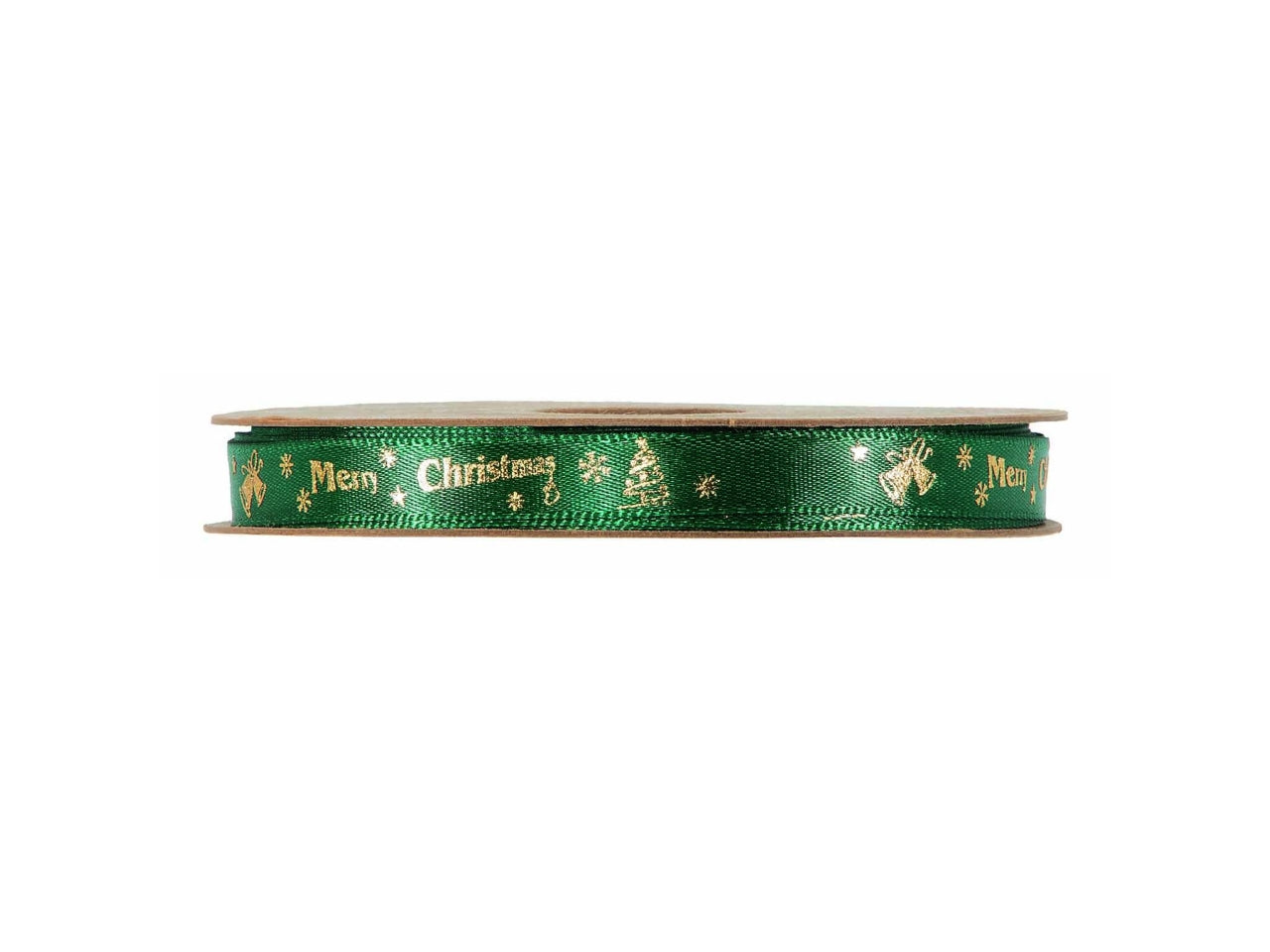 Nastro regalo verde con scritta Merry christmas e campane dorate in poliestere 1cm x 25m - Piovaccari