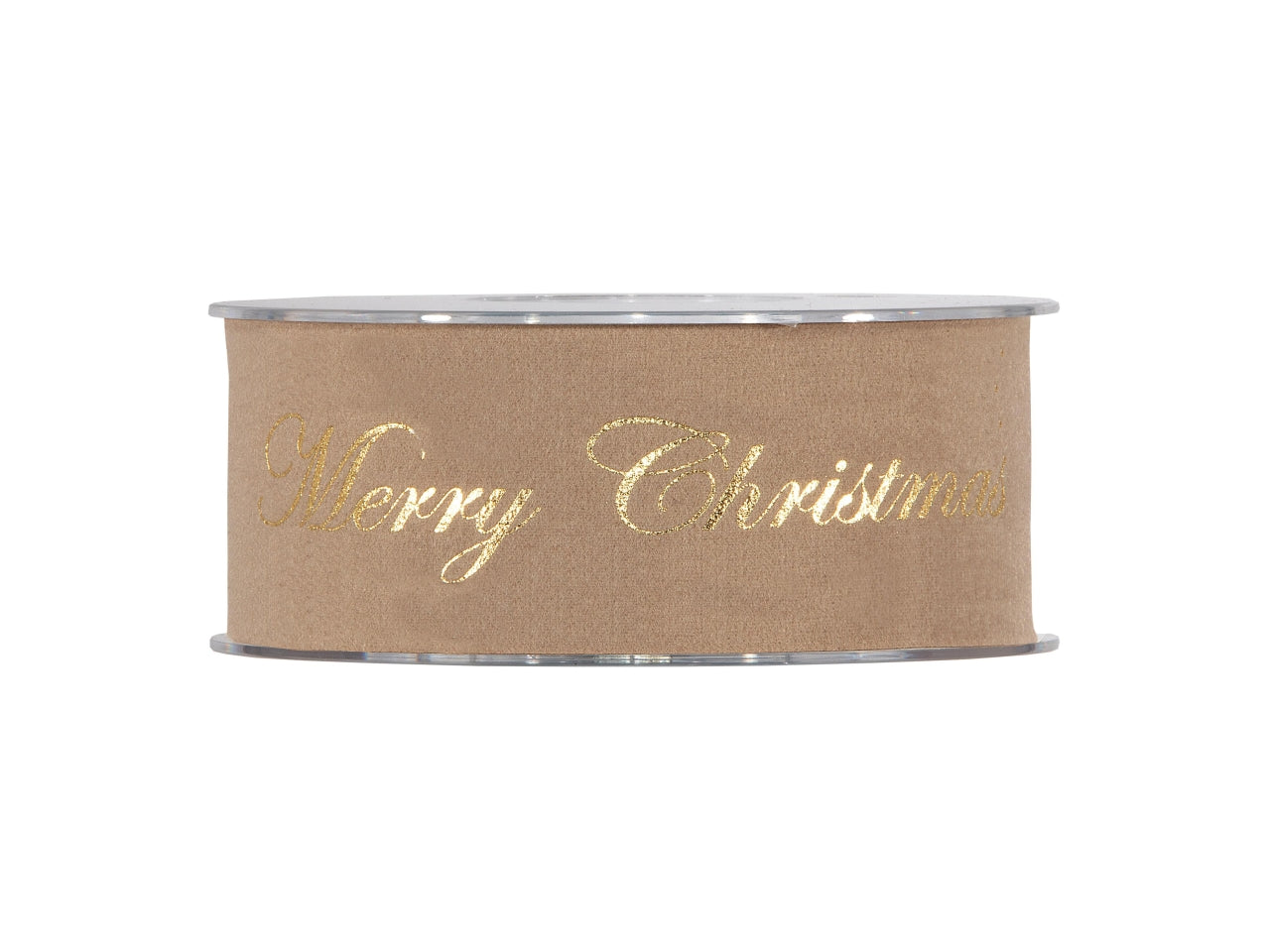 Nastro regalo in velluto tortora con scritta Merry Christmas in dorato 4cm x 7m - Piovaccari