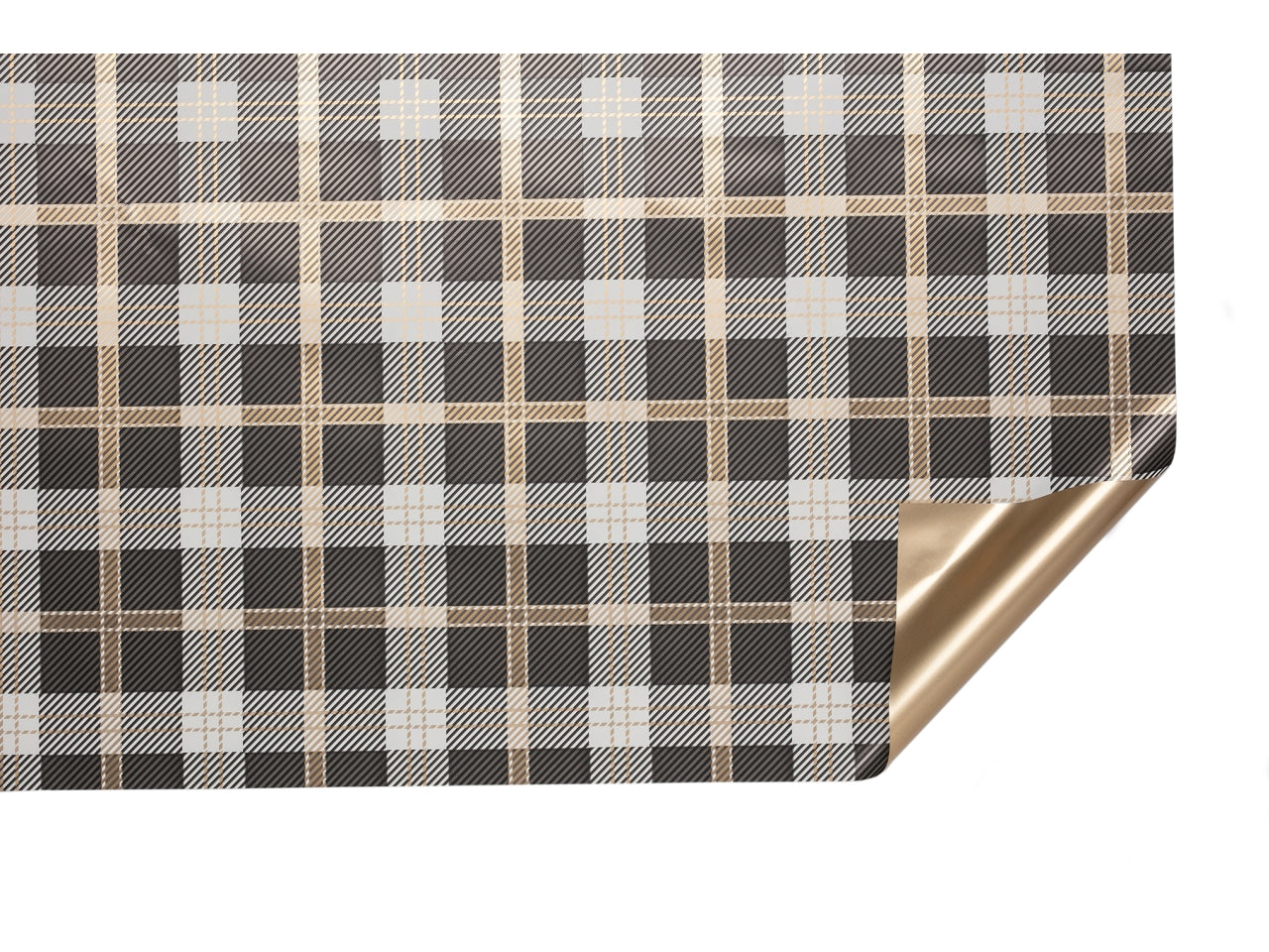 Rotolo carta da regalo tartan nero e dorato in polipropilene 40my, 1x25m - Piennepi