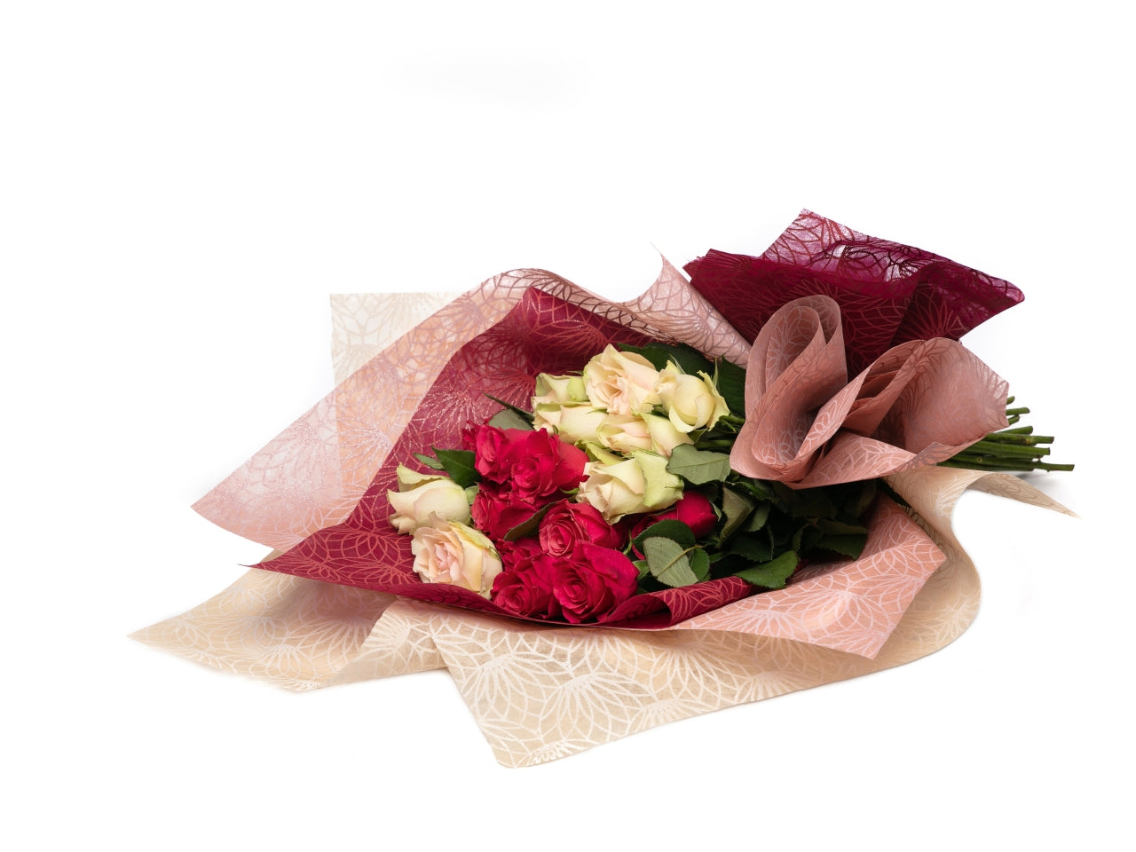 Rotolo carta da regalo floreale avorio e glitter argento in polyweb 1x9m - Piennepi