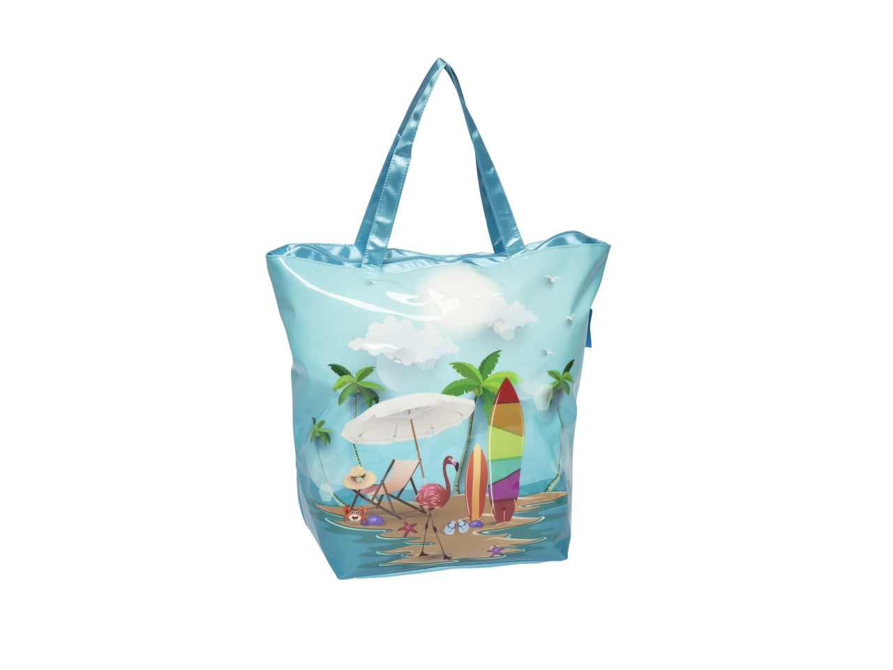 Borsa mare in pvc multicolor/celeste, fantasia tropicale 54x45x22 cm - Rox