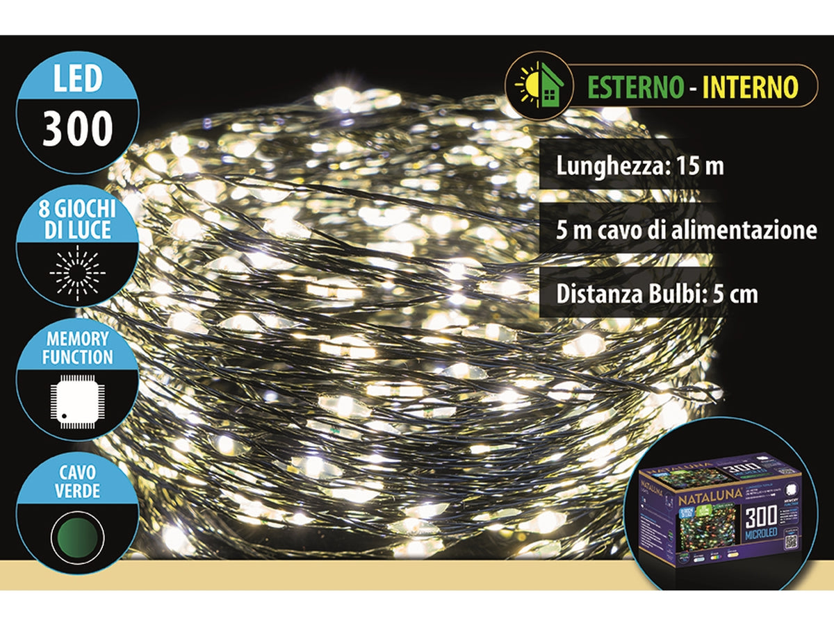 Catena lineare da 300 microled bianco caldo, 15mt+5mt per uso interno/esterno con 8 funzioni cavo verde