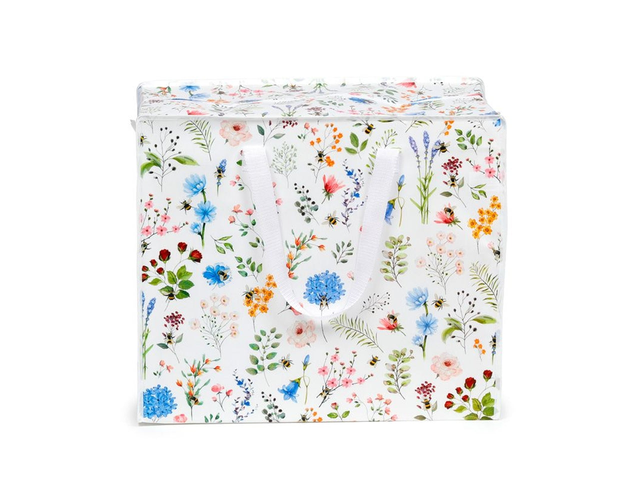 Sacca per il bucato con zip in polipropilene bianco floreale 48x55x28 cm - Puckator