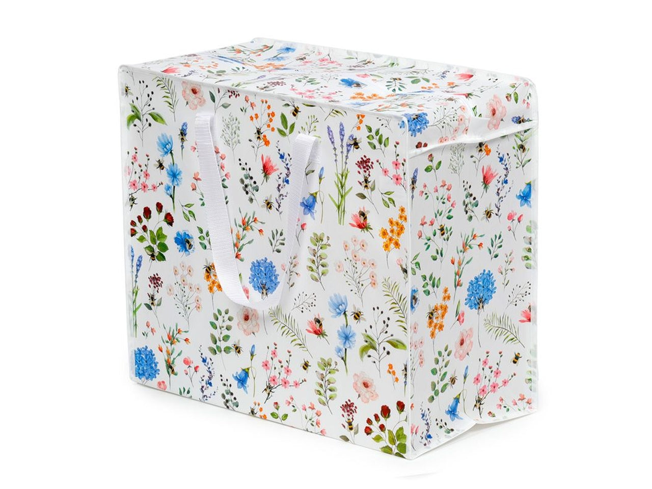 Sacca per il bucato con zip in polipropilene bianco floreale 48x55x28 cm - Puckator
