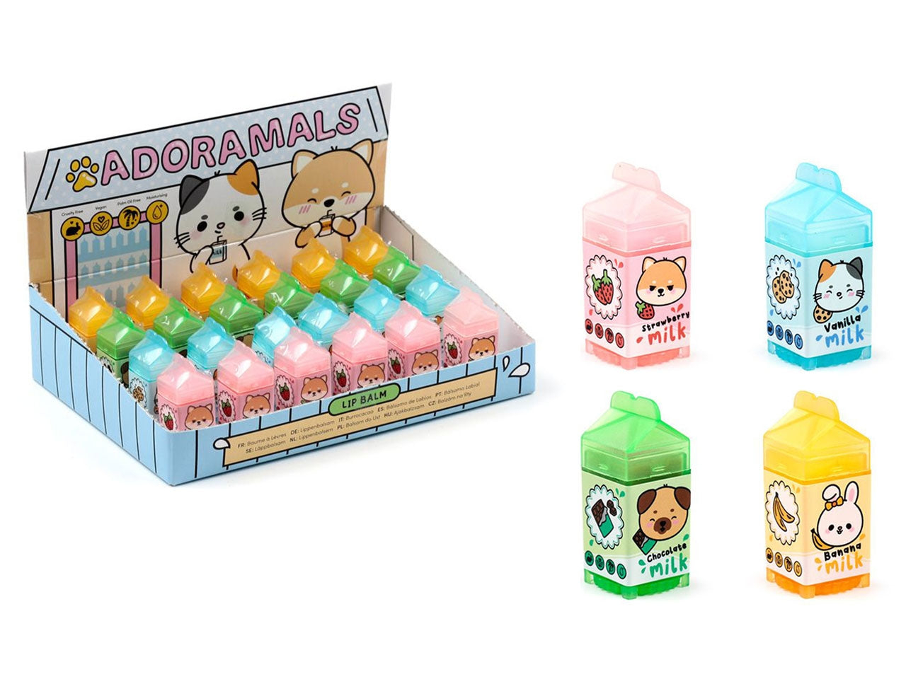 Burrocacao a forma di cartone del latte in plastica, 4 colori assortiti al cioccolato, fragola, vaniglia, e banana - Puckator