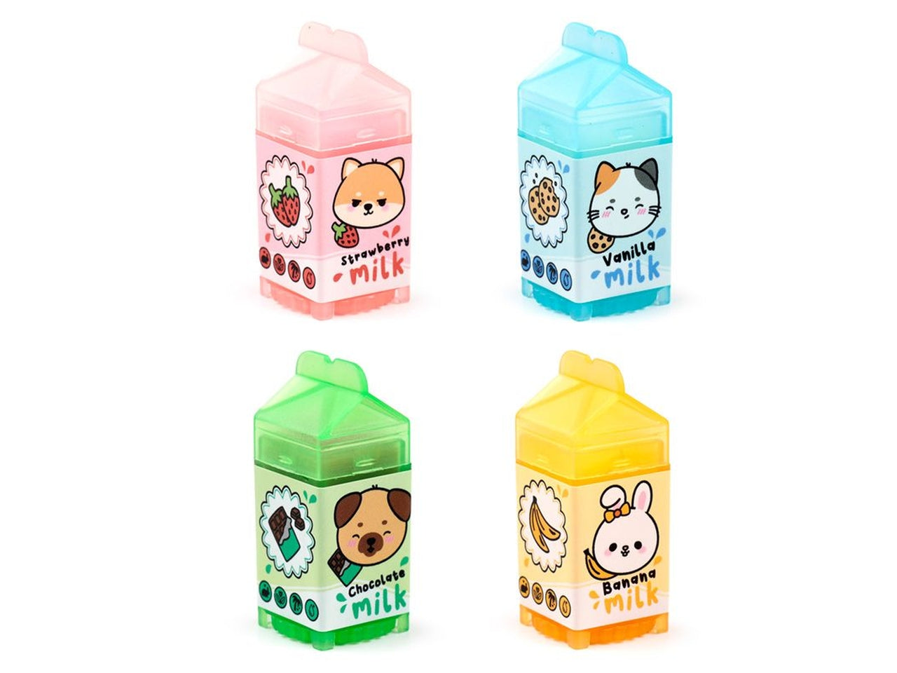Burrocacao a forma di cartone del latte in plastica, 4 colori assortiti al cioccolato, fragola, vaniglia, e banana - Puckator