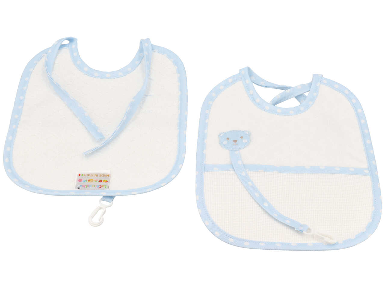 Bavetta per bambino con porta ciuccio in cotone bianco e azzurro con gancio portaciuccio e inserto in tela aida per ricamo 19x22 cm - La chiocciolina