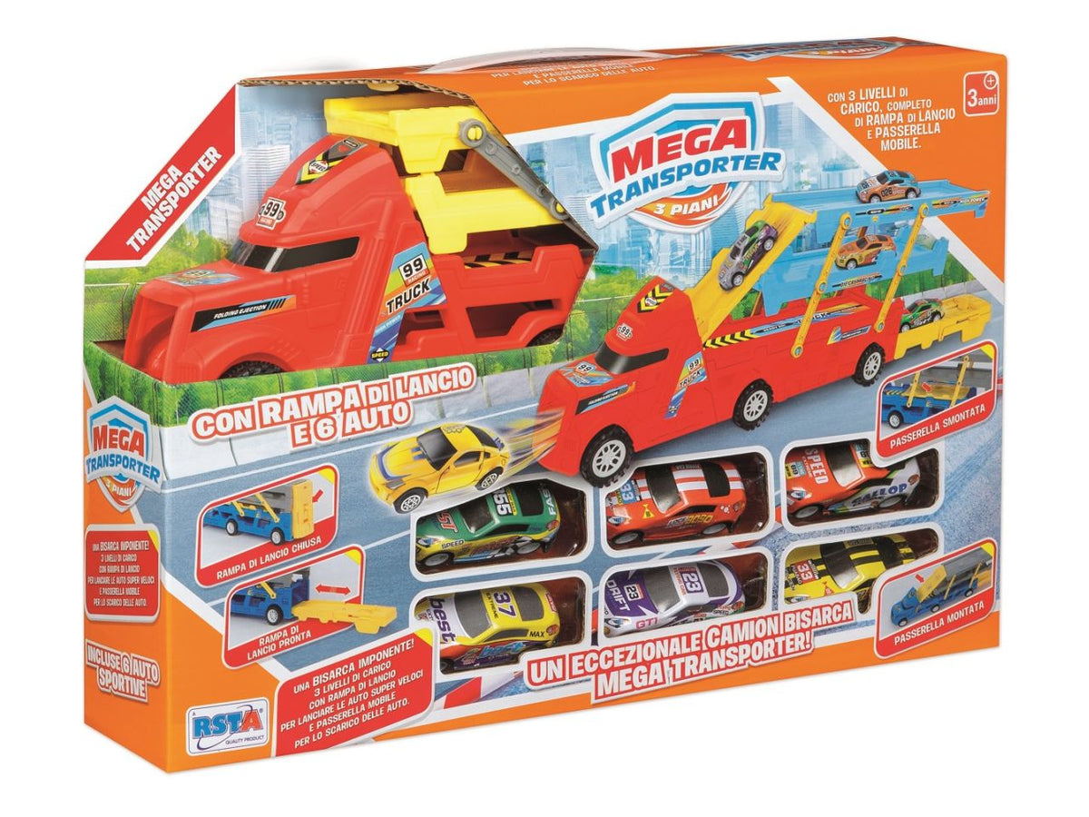 Camion mega transporter con 6 auto in metallo