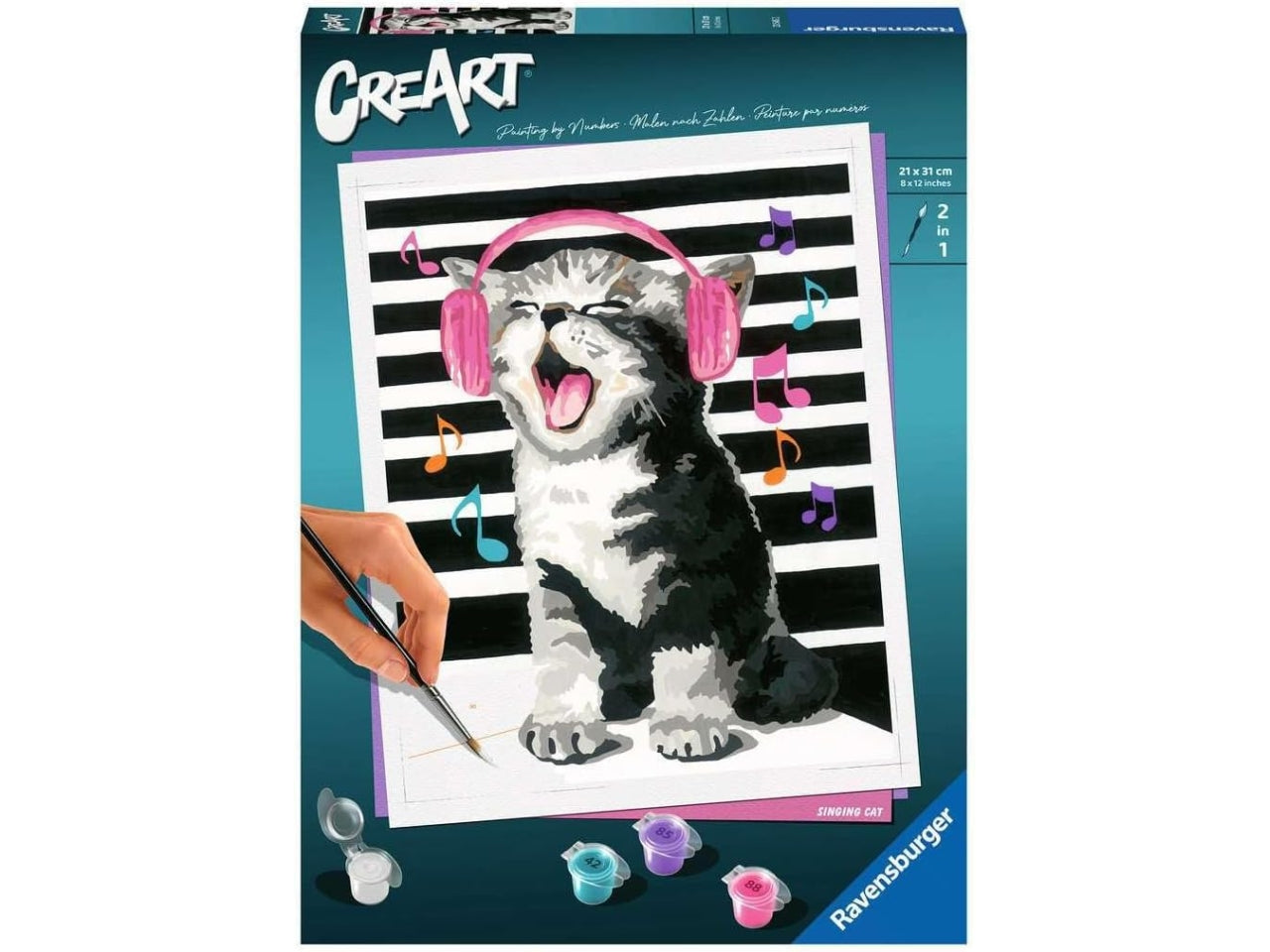 Ravensburger Creart, il gattino cantante, set per dipingere con i numeri, 21x31 cm per ragazzi dai 14+ anni