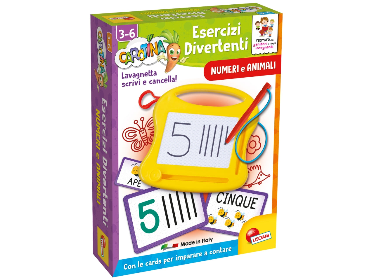 Gioco Educativo Prescolare Carotina Esercizi Divertenti Numeri e Animali - Multicolor, per Bambini 3-6 Anni, Lisciani