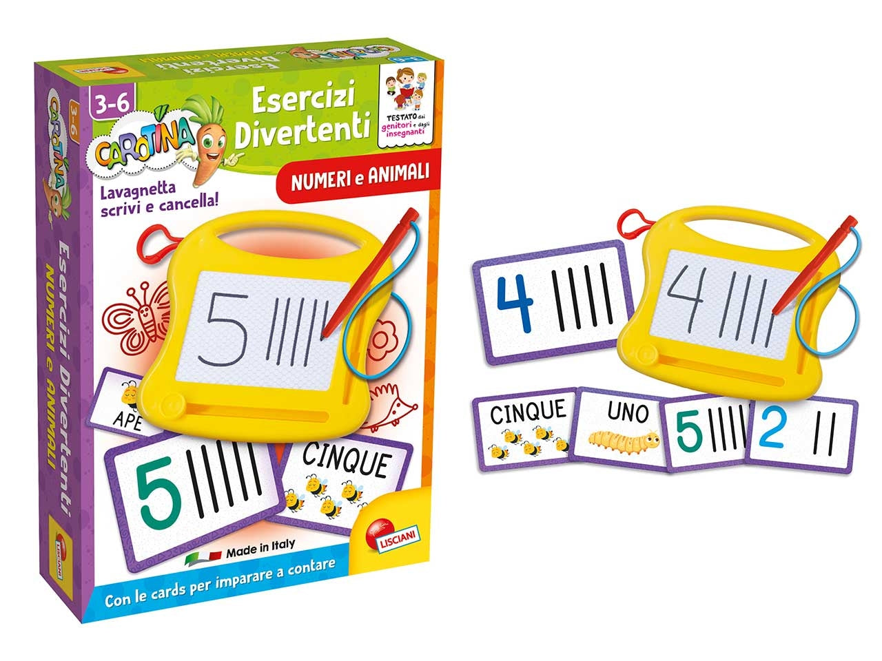 Gioco Educativo Prescolare Carotina Esercizi Divertenti Numeri e Animali - Multicolor, per Bambini 3-6 Anni, Lisciani