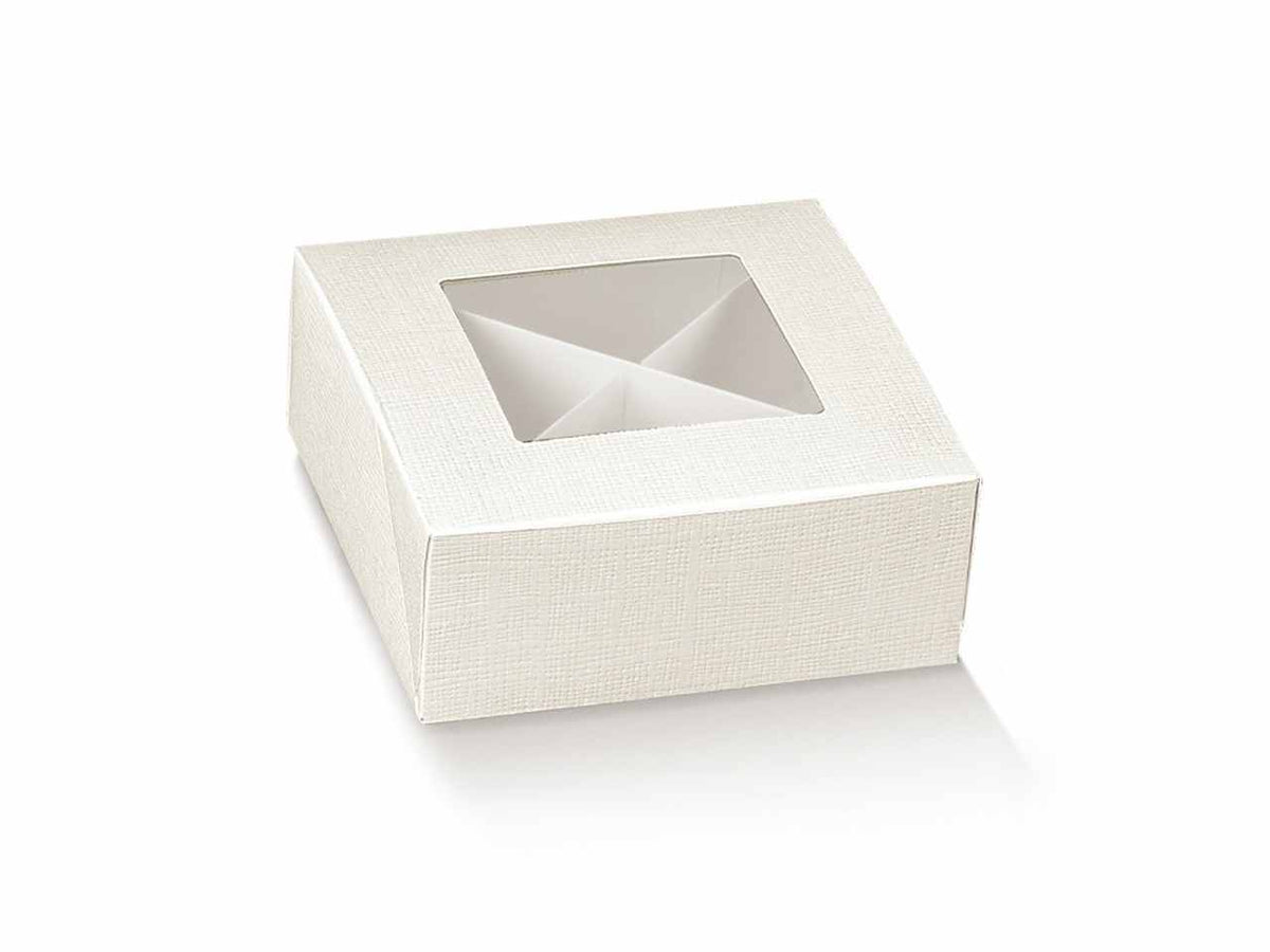 Scatola seta bianca 10x10x4cm con finestra in plastica e divisori
