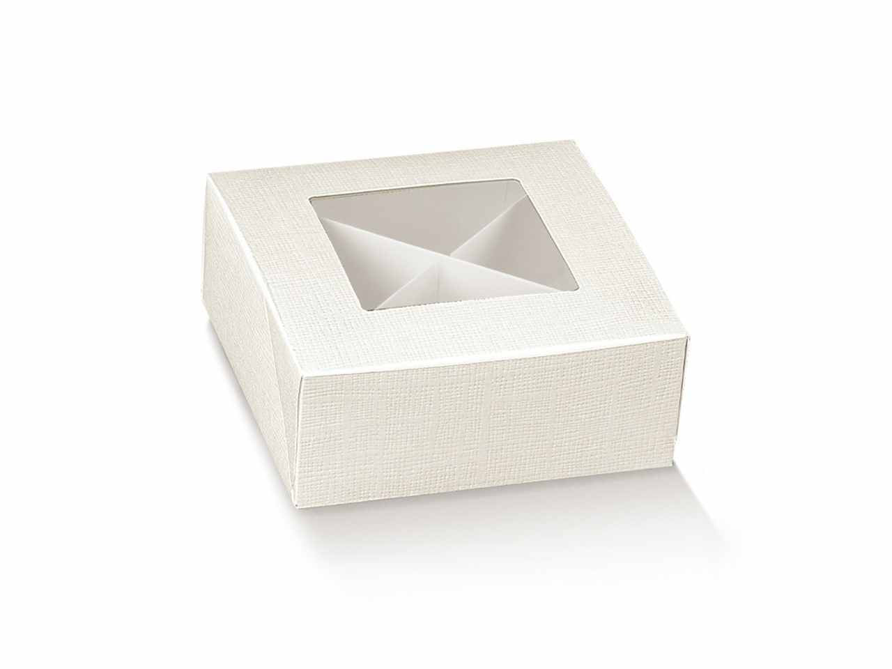 Scatola seta bianca 10x10x4cm con finestra in plastica e divisori