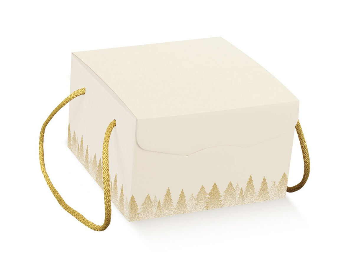 Scatola in cartone con cordini in cotone dorati colore bianco con decorazione foresta misura 210x210x210mm