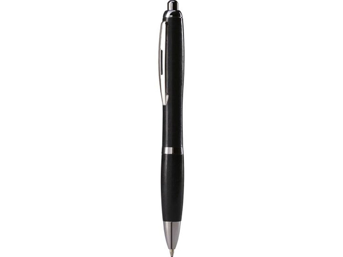 Penna a sfera nera in paglia di grano e abs con clip in metallo, chiusura a scatto, refill nero.