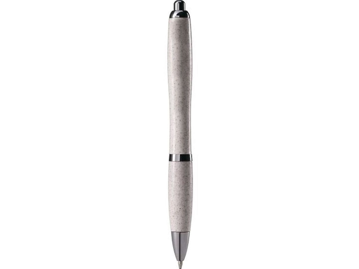 Penna a sfera bianca in paglia di grano e abs con clip in metallo, chiusura a scatto, refill nero.