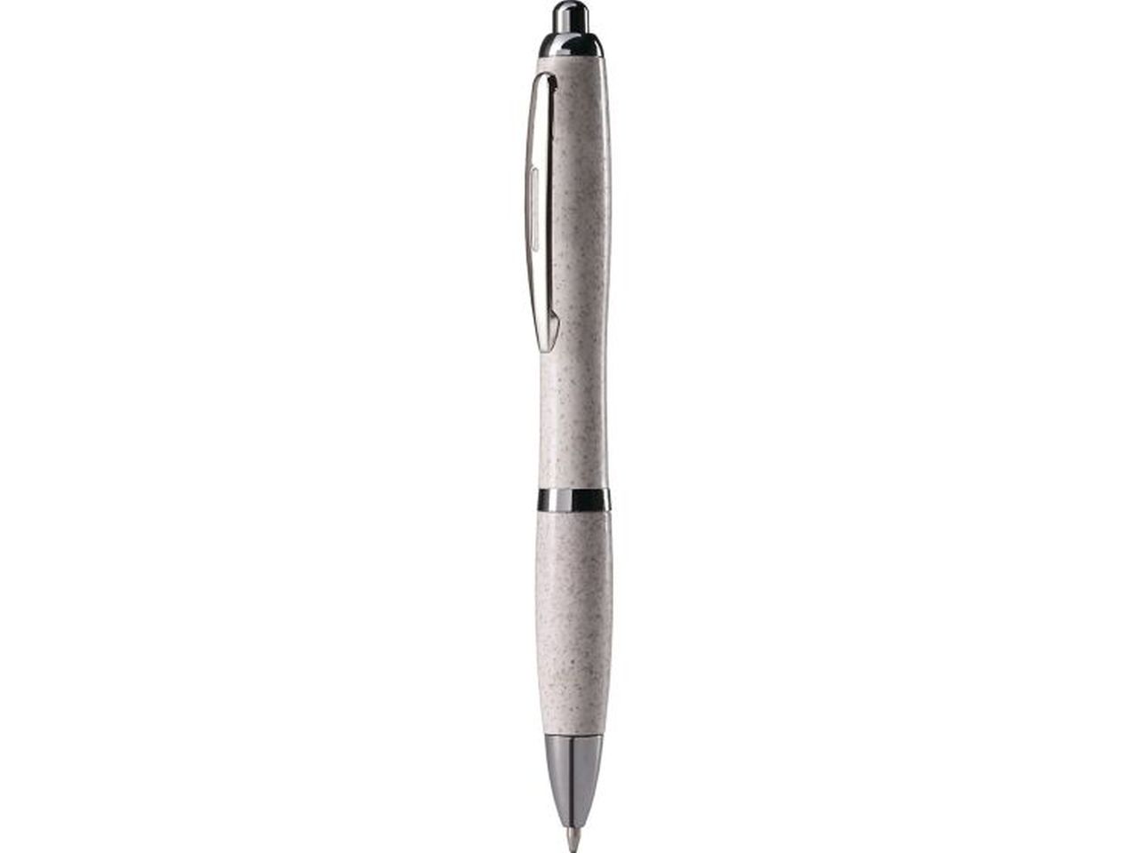Penna a sfera bianca in paglia di grano e abs con clip in metallo, chiusura a scatto, refill nero.