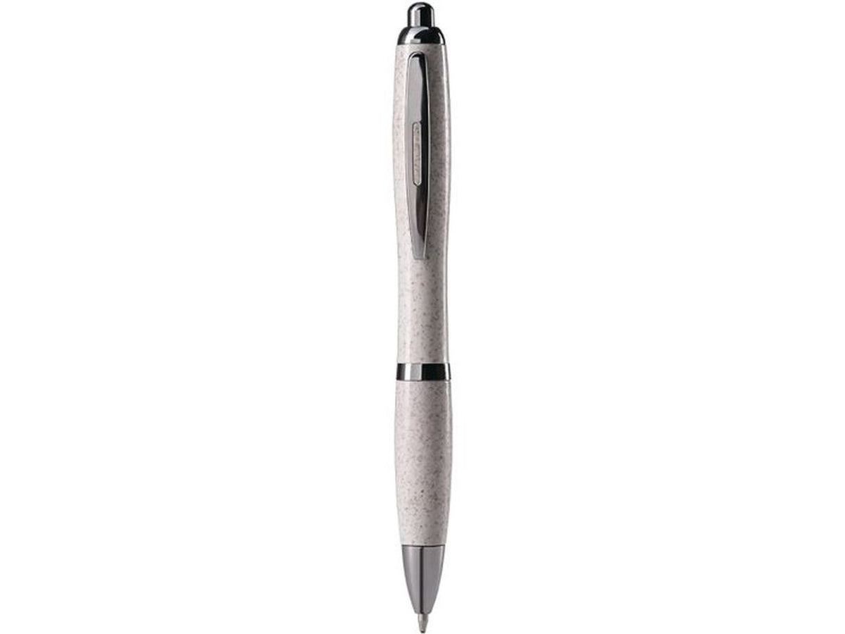 Penna a sfera bianca in paglia di grano e abs con clip in metallo, chiusura a scatto, refill nero.
