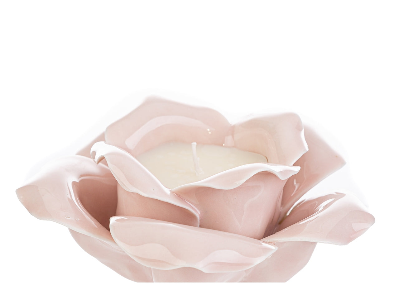 Candela profumata bomboniera con rosa in porcellana colore rosa, 14x14xh.7,5 cm - Le Stelle