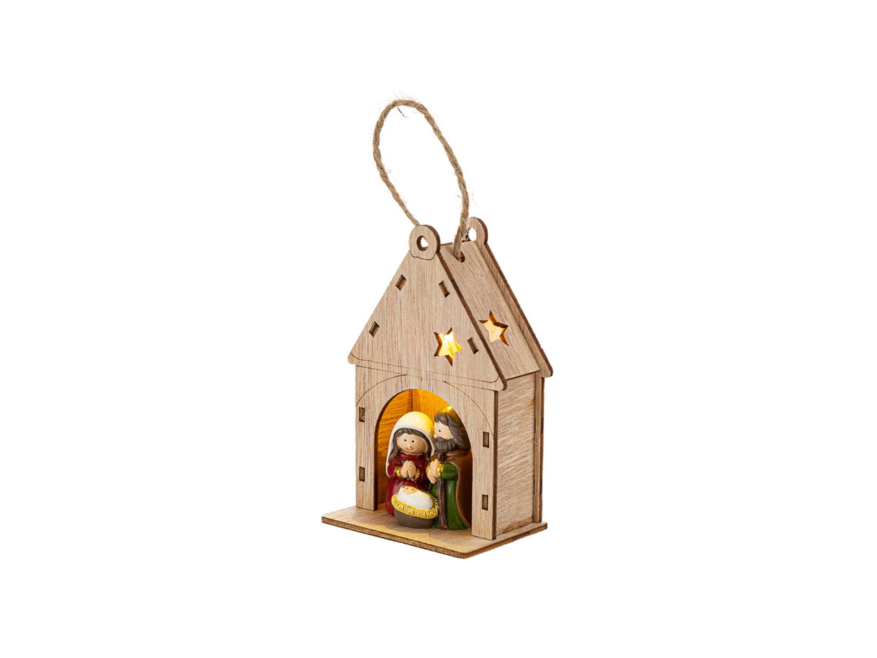 Appendino sacra famiglia in resina colorata capanna di legno 6,5x5xh.10cm