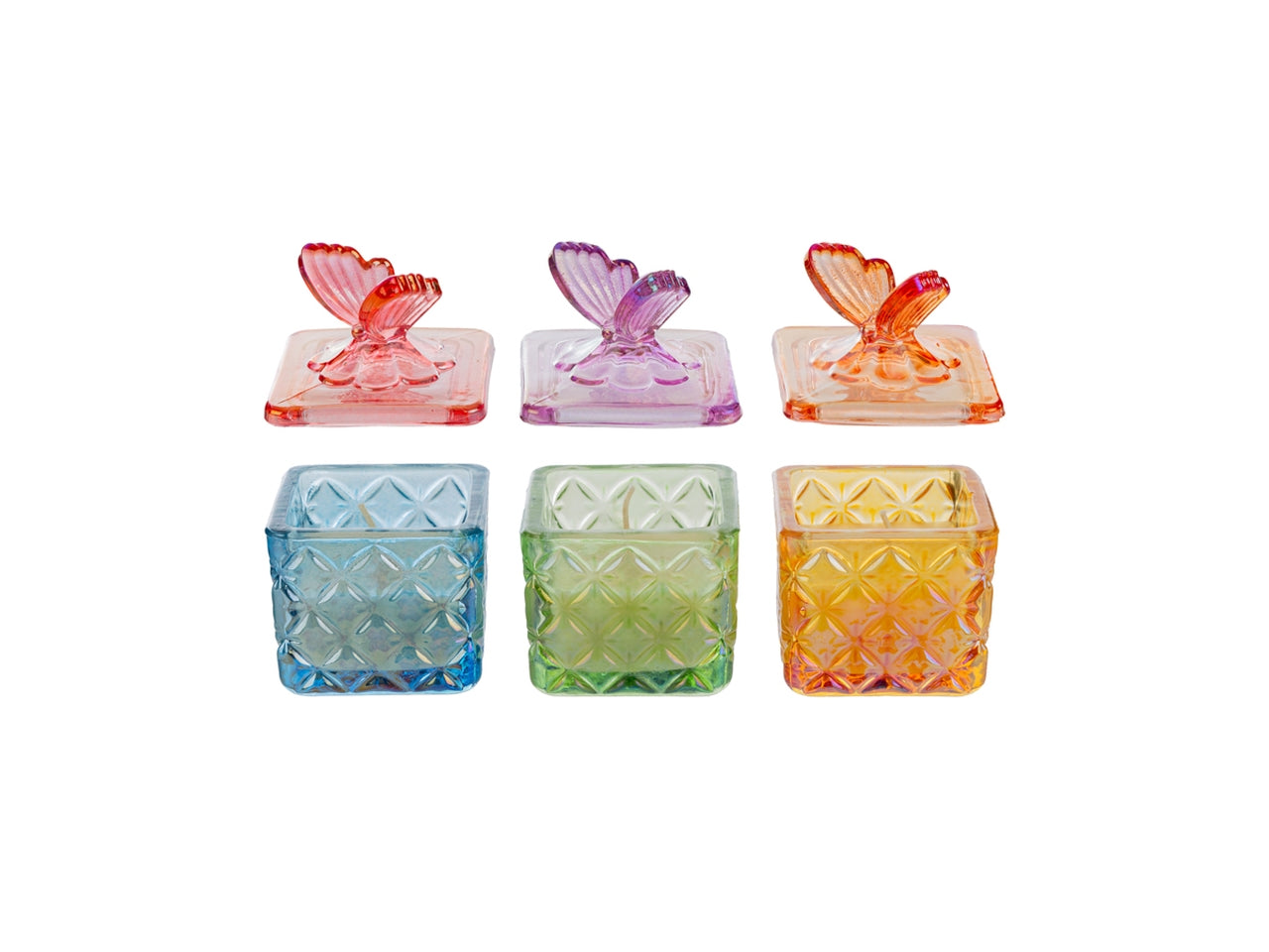 Candela soia scatola vetro colorato 6xh.9cm 3 assortimenti