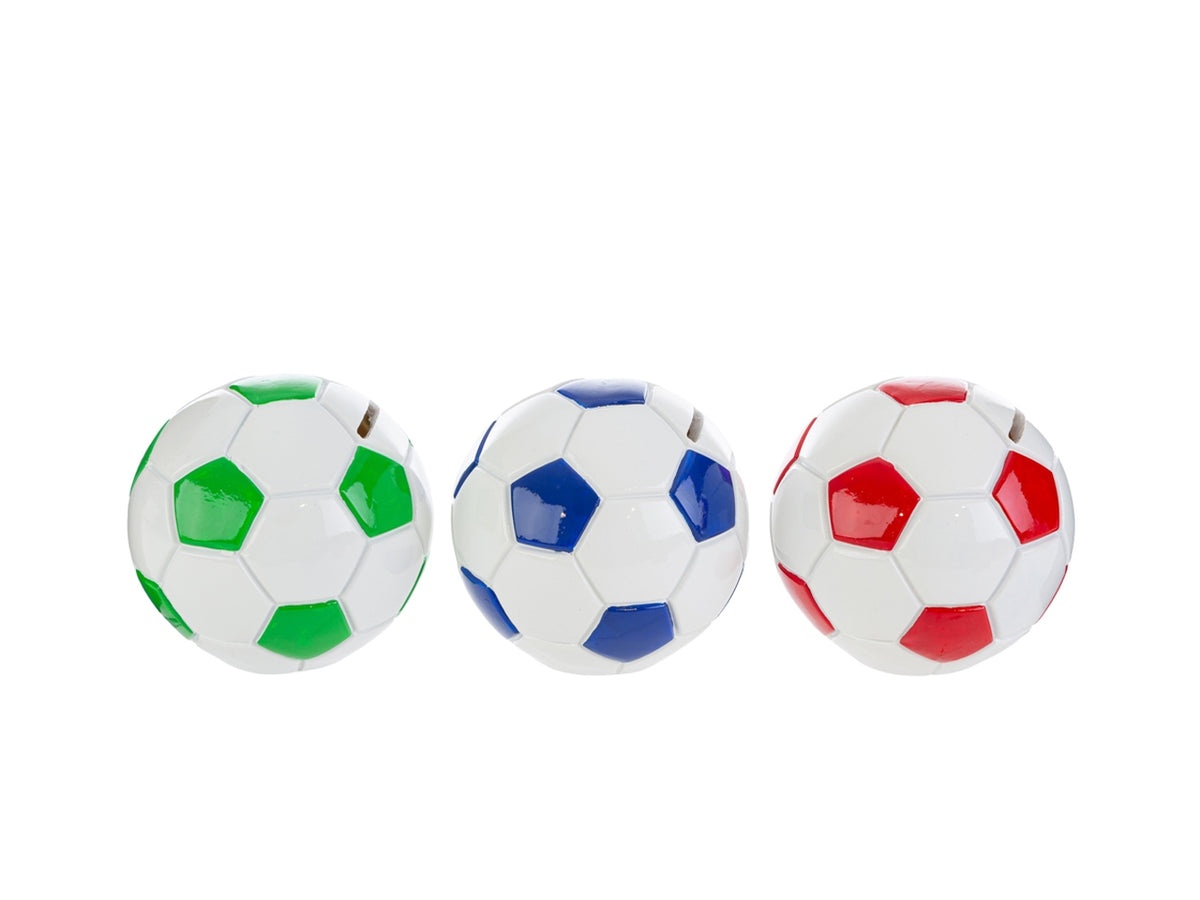 Salvadanaio pallone calcio resina 11,5x11cm 3 colori assortiti