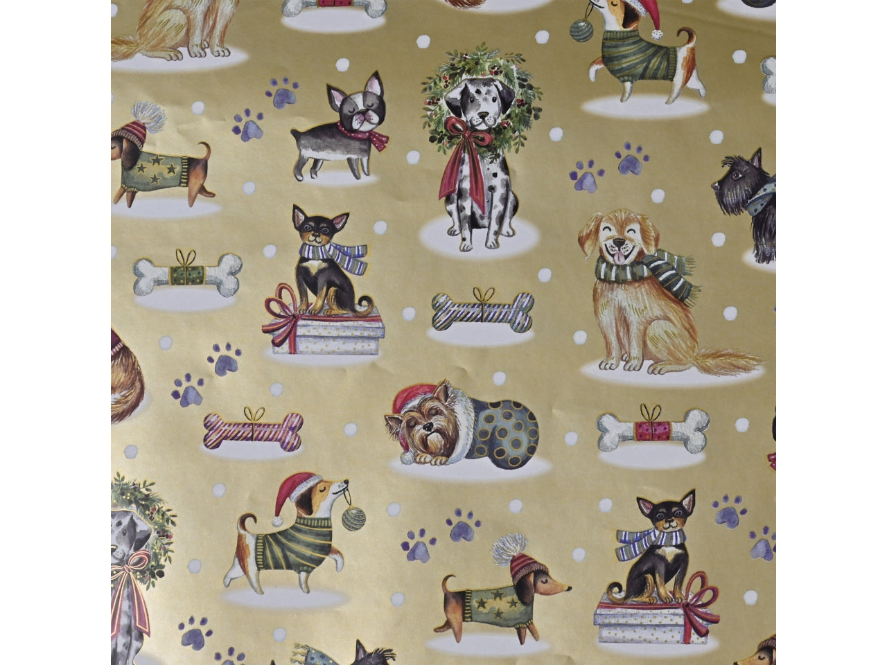 Rotolo carta da regalo natalizia con cani dorata 100cmx10mt - Star