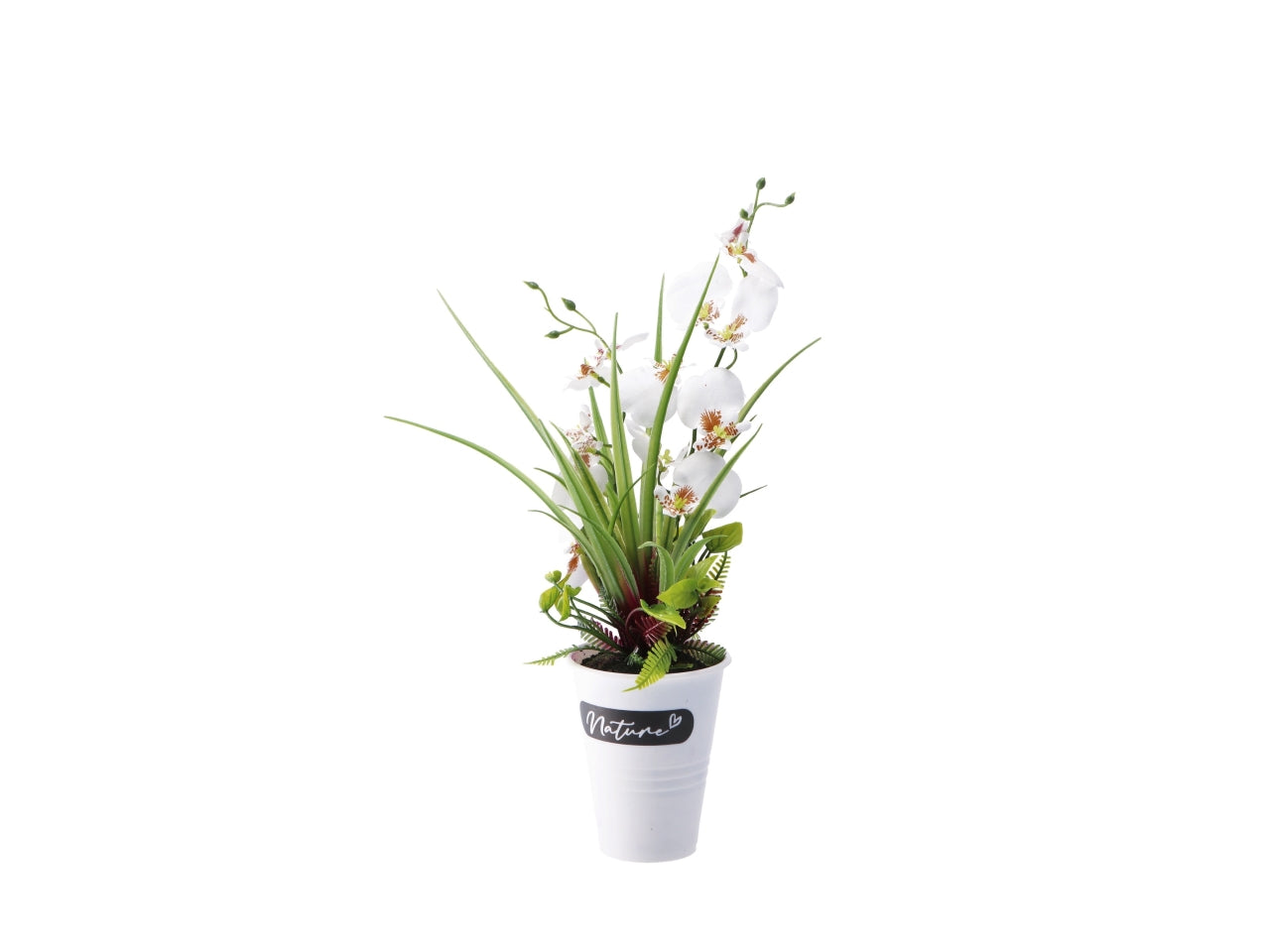 Piantina decorativa orchidea artificiale in vaso di polipropilene, multicolor, realistica e flessibile con fogliame opaco - d.14xh.37cm - Star