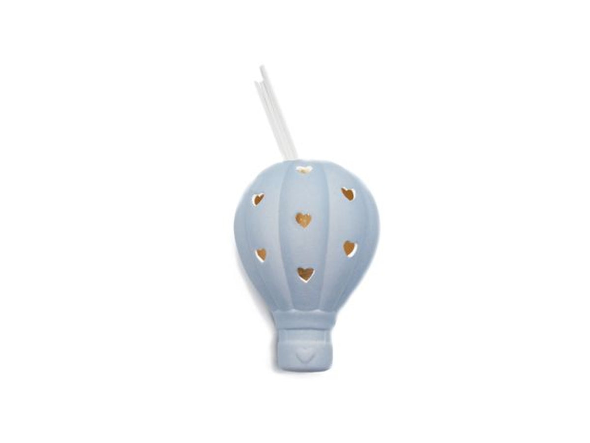 Diffusore bomboniera nascita bimbo celeste in resina a forma di mongolfiera con LED, con gancio - 6x12cm - Sud import