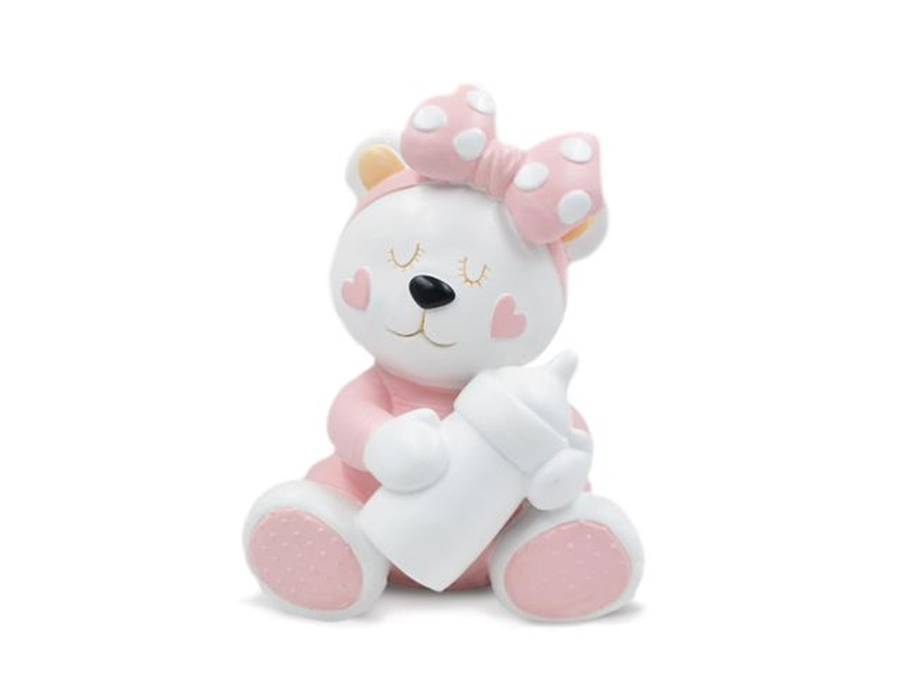 Salvadanaio bomboniera nascita bimba a forma di orsetto rosa in resina 13x19cm - Sud Import