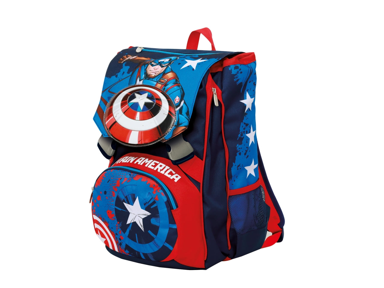 Zaino scuola Captain America sdoppiabile in tessuto con applicazione sagomata e tasca laterale porta borraccia, 28x40x13 cm - Seven