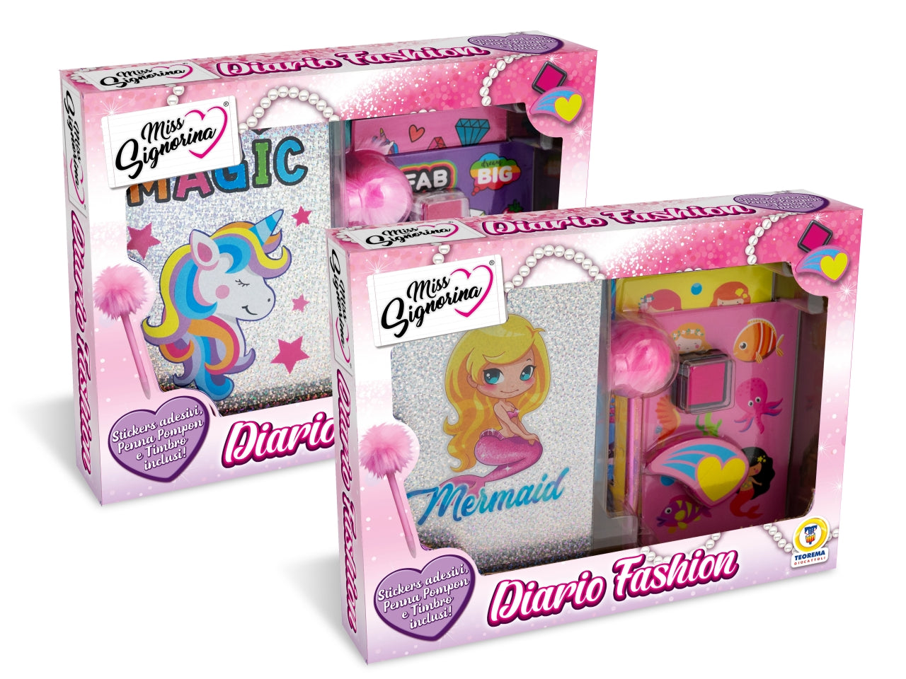 Set diario con stickers, timbro e penna pompom - disponibile in 2 modelli assortiti
