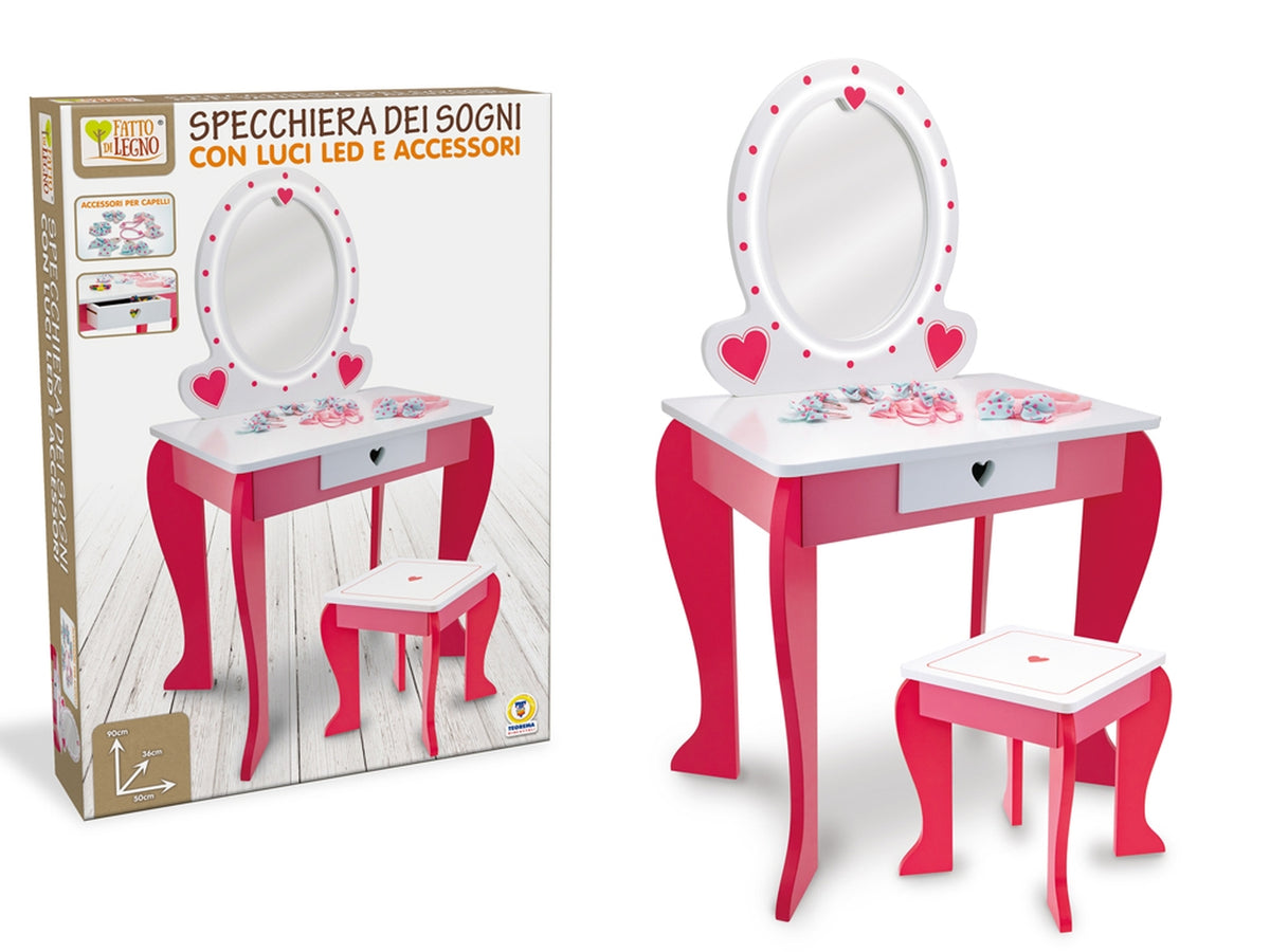 Fatto di legno, specchiera led e sgabello h.90cm con accessori e perline