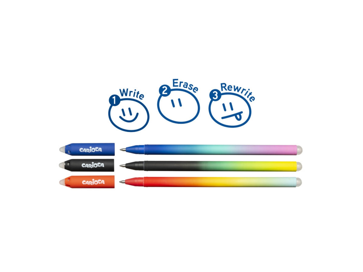 Penne cancellabili Carioca Oops Easy inchiostro gel cancellabile, blister da 2 penne blu e 1 rossa - Carioca
