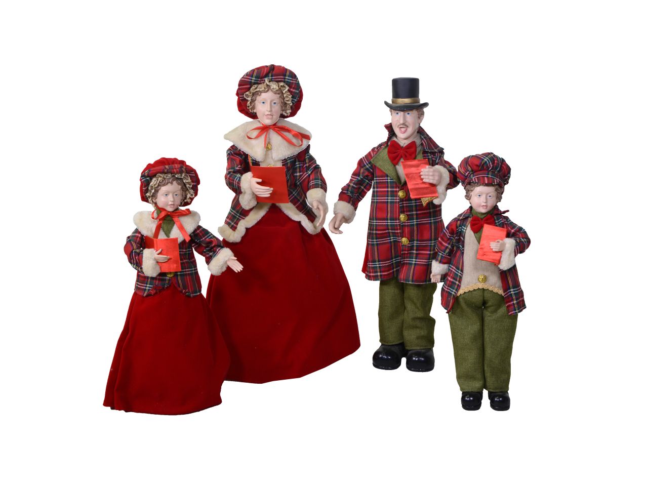 Famiglia di Cantori Natalizi vittoriani altezza 70cm in tessuto rosso scozzese