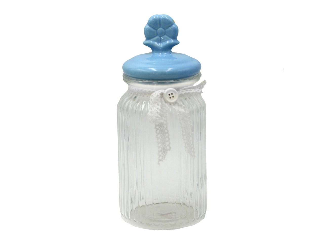 Barattolo tondo in vetro con tappo in ceramica azzurro d.11xh25cm $