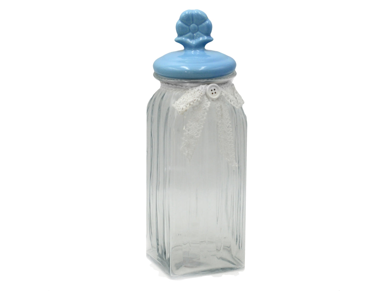 Barattolo quadrato in vetro con tappo in ceramica azzurro 9,5x9,5xh.30cm