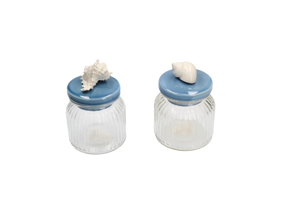 Barattolo in vetro trasparente con tappo in ceramica celeste stile marinaro - 11x16cm - Vacchetti