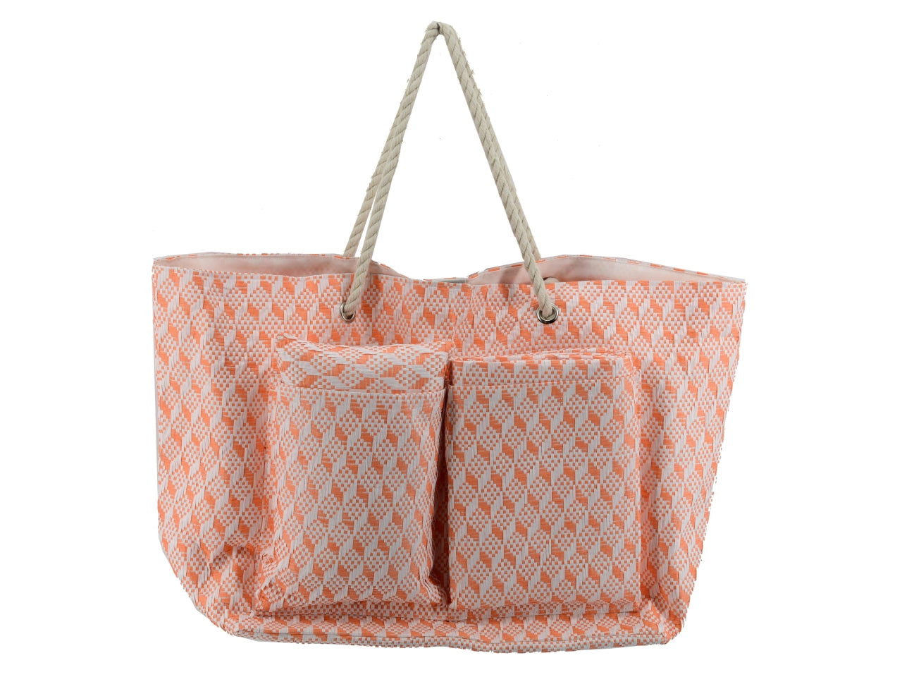 Borsa da spiaggia da donna in tessuto intrecciato , paglia e cotone, arancione con cuscino e materassino inclusi, mini tasca laterale interna con cerniera, chiusura con clip - 62x22xh.40cm - Vacchetti