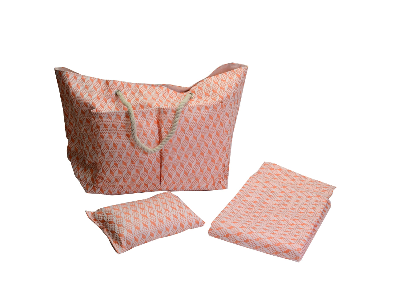 Borsa da spiaggia da donna in tessuto intrecciato , paglia e cotone, arancione con cuscino e materassino inclusi, mini tasca laterale interna con cerniera, chiusura con clip - 62x22xh.40cm - Vacchetti